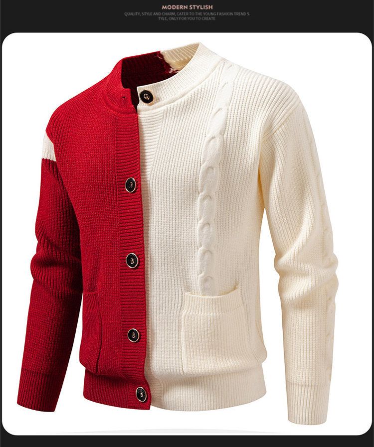 Herren-Strickpullover mit Farbblockmuster, dicke Strickjacke, lässiger Cardigan in lockerer Passform (Grau, Schwarz, Rot) – Größen M bis 3XL_voghion.com