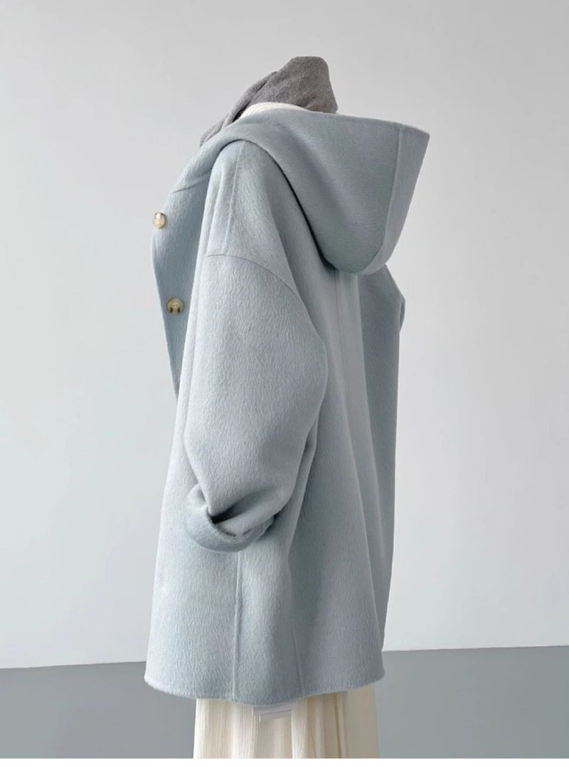 "Kapuzenmantel aus Kaschmirmischung für Damen – Übergroße Tweedjacke mit Reverskragen (Cremeblau, S-XL, Polyesterwolle, einreihig)"_voghion.com