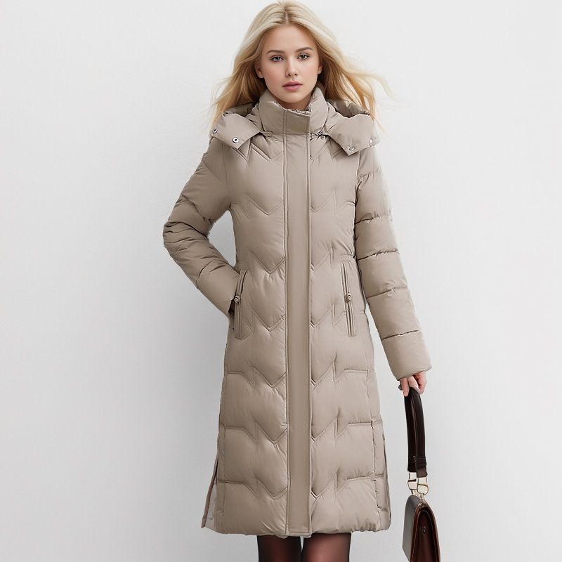 Extra Long Women's Puffer Coat - Oversized Winter Jacket With Hood, Knee-Length Warmth, Plus Size Friendly (Wine Red, Khaki, Dusty Pink, Black)_voghion.com