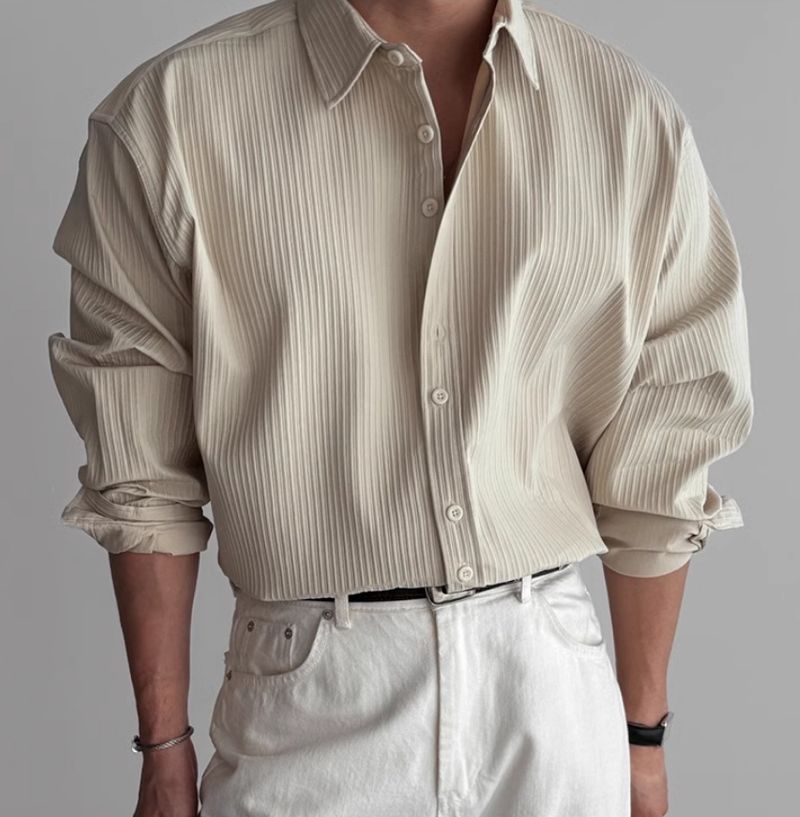 Camicia casual da uomo in stile coreano di alta qualità, a maniche lunghe, tinta unita, stile primavera-autunno, 'Texture'_voghion.com