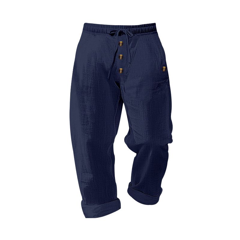 Spring And Autumn American Beach Solid Color Cotton Linen Loose Drawstring Button Casual Pants For Men_voghion.com