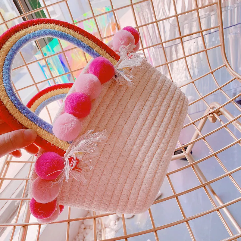 Backpacks Korean Style Colorful Lace Beach Bag For Children Tulip Vanilla Hat Bucket Summer Weave Handbag Kids Bags_voghion.com