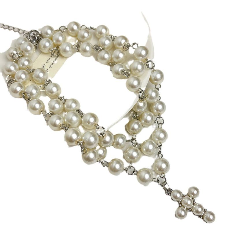 Trendy Cool Pearl Cross Layered Tassel Necklace For Women, Light Luxury Elegant Temperament Clavicle Choker High-end_voghion.com