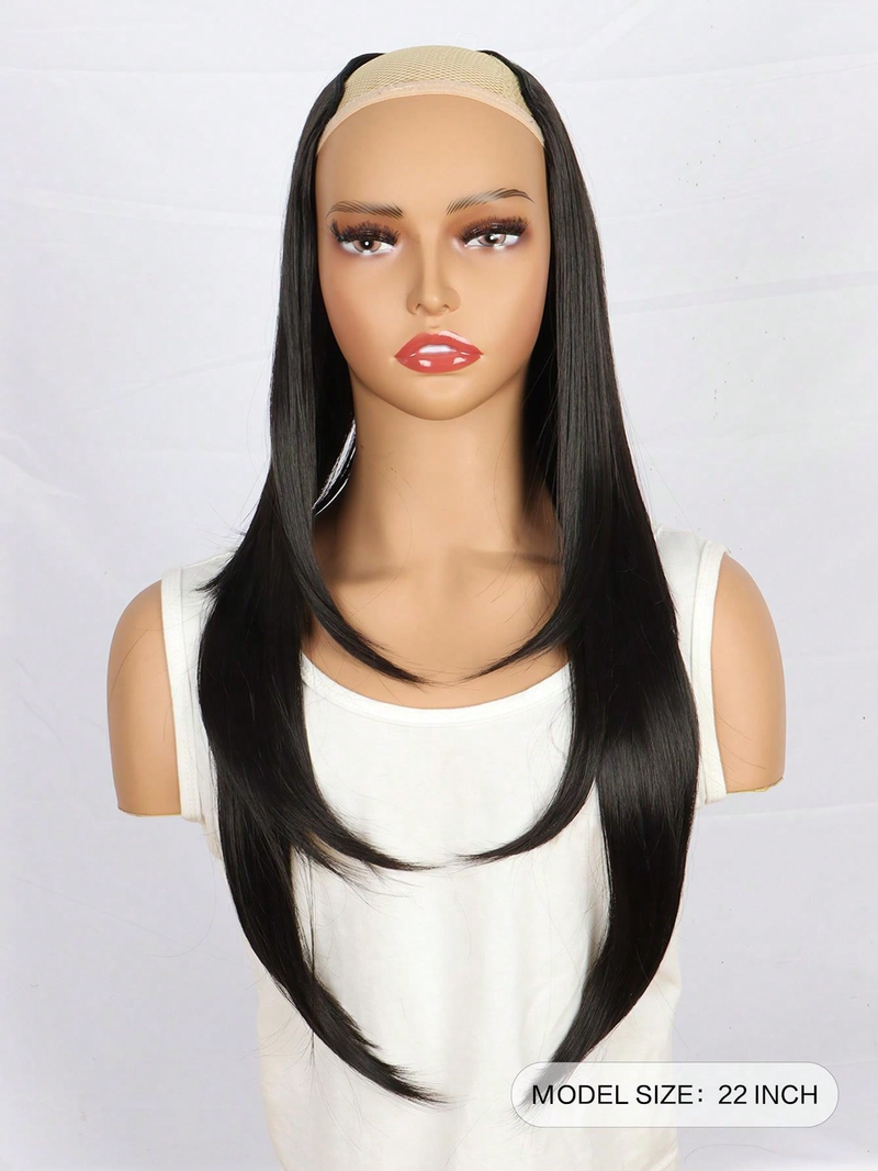 Synthetische lange gerade Extenisons 22 Zoll Clip-in-Haarverlängerung V-Form hitzebeständige Haarteile für Frauen Mädchen_voghion.com