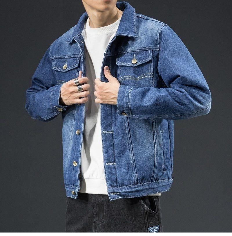 Giacca in denim foderata in pile da uomo - Cappotto invernale caldo in cotone spesso, vestibilità slim, casual ed elegante, con tasche multiple (blu scuro/blu chiaro)_voghion.com