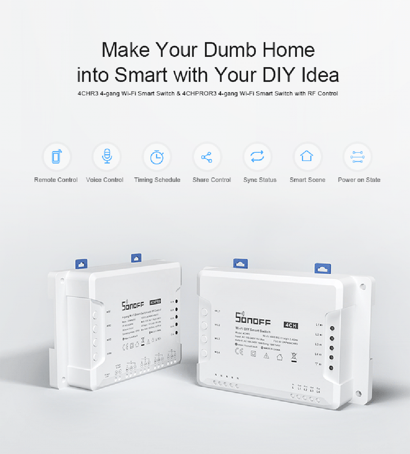 Sonoff 4CH PRO R3 4 Channel Din Rail Mounting WiFI Smart Home Remote Control Wireless Timer DIY Switch Work with Alexa_voghion.com