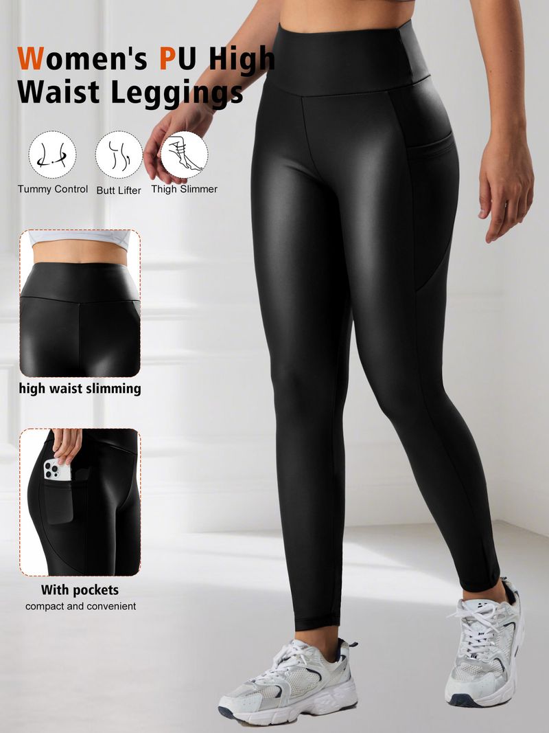 Leggings in pelle PU da donna – Pantaloni da yoga a vita alta con fodera in pile e tasche | Pantaloni elastici per palestra e corsa (neri)_voghion.com