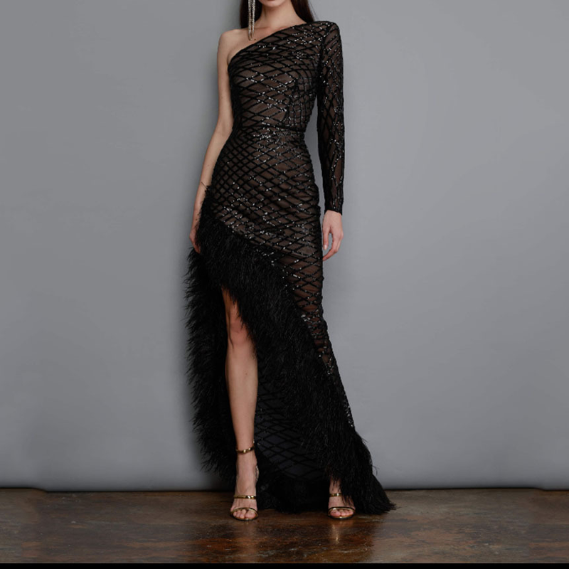 Abbigliamento da donna tinta unita senza maniche colletto obliquo irregolare temperamento abito da sera in rete gonna lunga_voghion.com