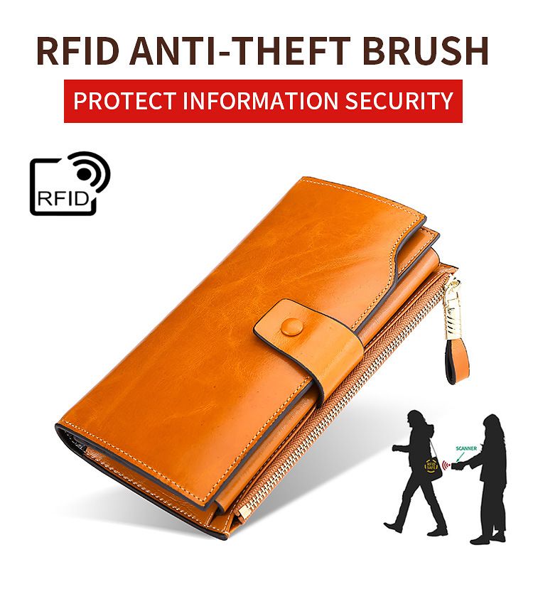 Valódi bőr pénztárca, női hosszú pénztárca, RFID lopásgátló, olajkefés védelem, viaszos bőr multifunkciós pénztárca, kézi táska_voghion.com
