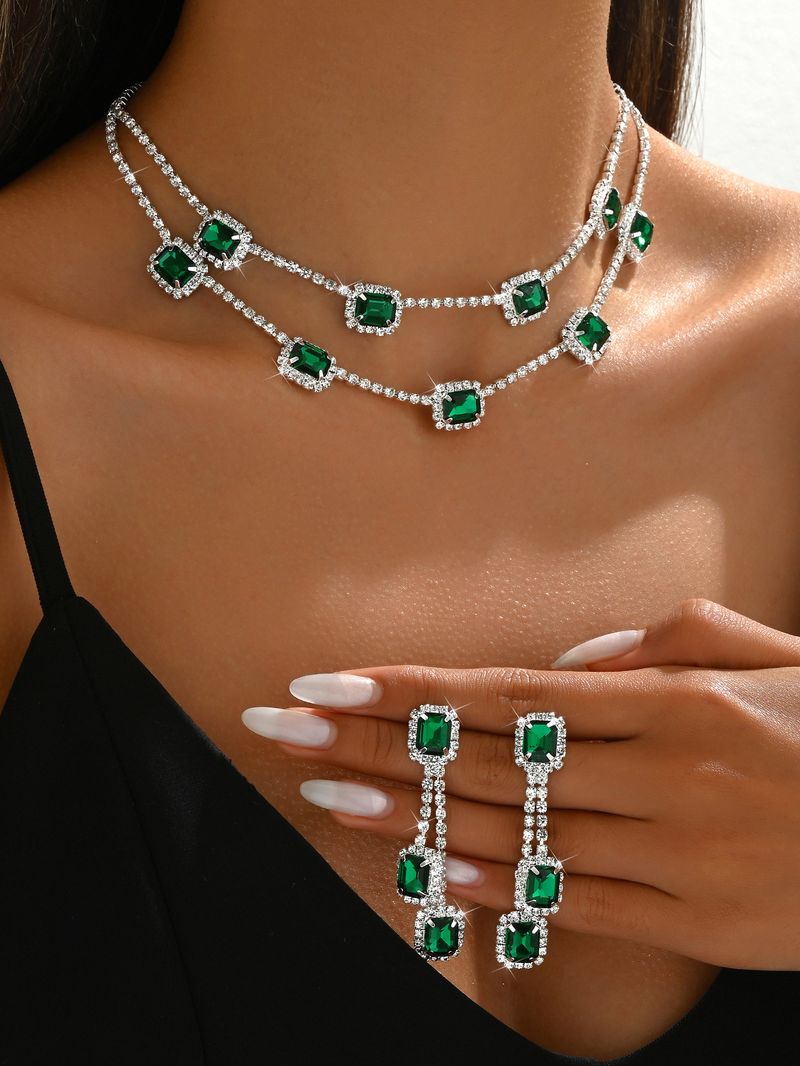 Square Double Layer Necklace Tassel Earrings Light Luxury Wedding Two-Piece Set Multicolor_voghion.com
