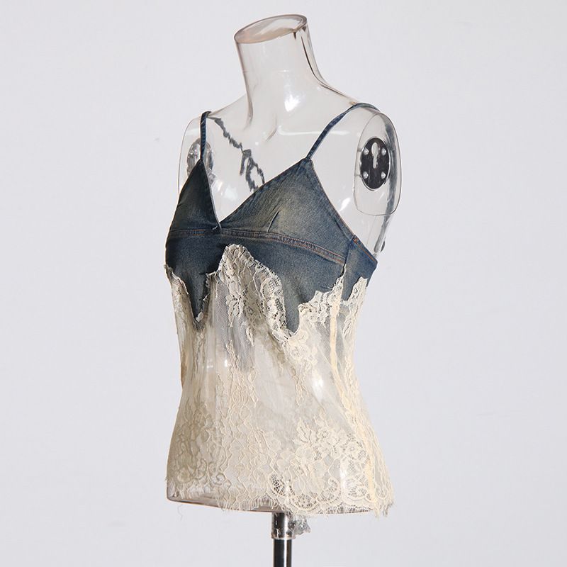 Damenbekleidung Mode sexy Hot Girl Style Sommer neue Spitze Spleißen Hosenträger Top + Kordelzug Denim Mode Shorts_voghion.com