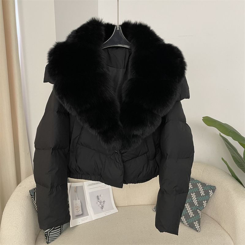 Piumino corto da donna con collo oversize in pelliccia di volpe - Cappotto invernale alla moda con piumino d'anatra bianca, pelliccia staccabile, vestibilità ampia, vari colori_voghion.com