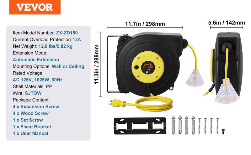 VEVOR Retractable Extension Cord Reel Power Cord Reel 50FT 14AWG/3C SJTOW_voghion.com