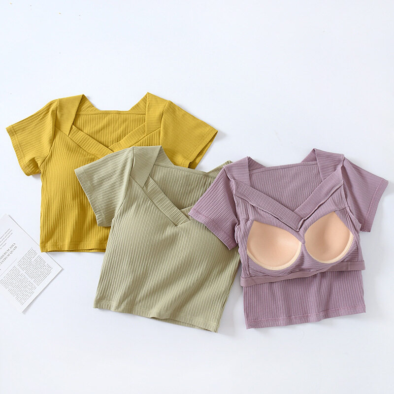 SUPERFLOWER T-shirt tendance pour femme avec coussinets de poitrine, col en V, manches courtes, hauts courts respirants_voghion.com