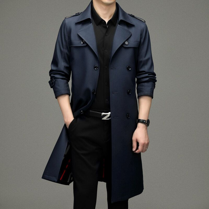 2025 Trench Coat With Turn-Down Collar, Mid-Length, Dad Style, Business Casual, Spring Summer, Middle-Aged Men's Jacket,_voghion.com