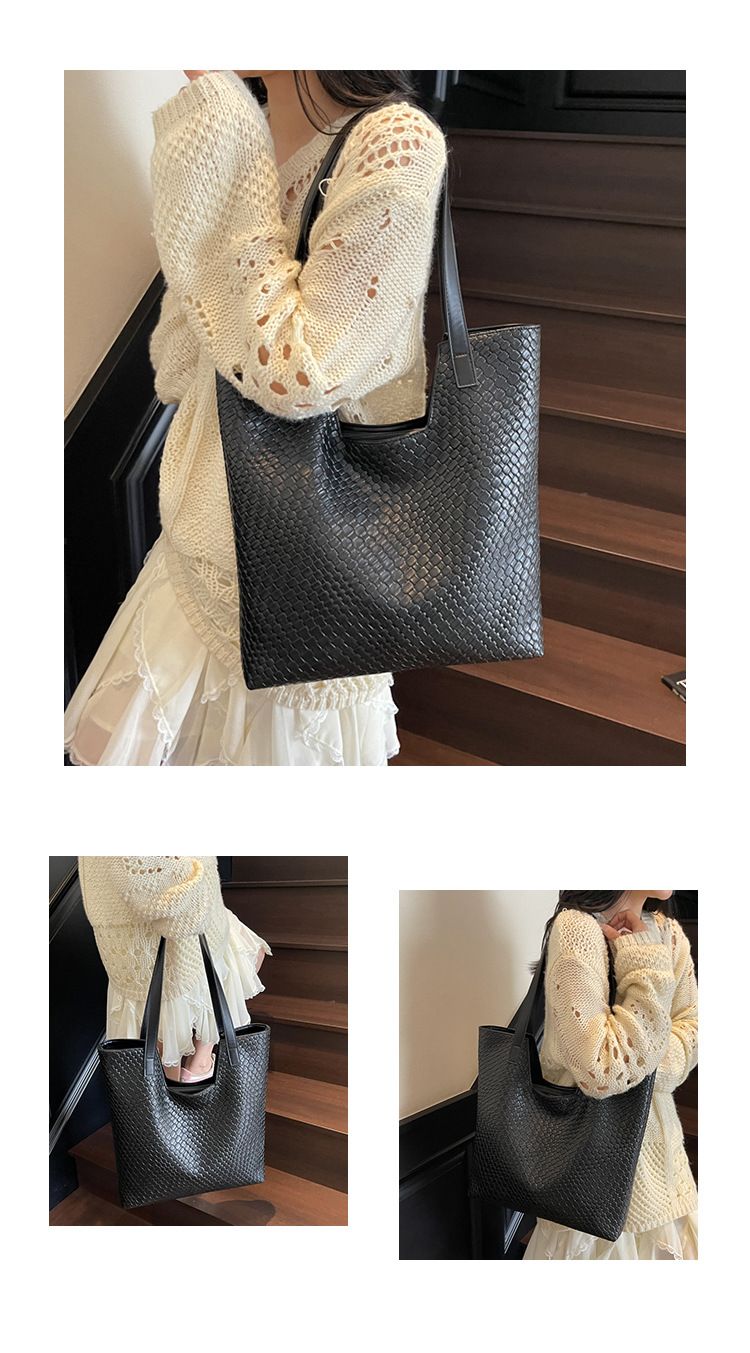 Women's Large Capacity Woven Tote Bag For Work & Travel, Stylish Shoulder Bag With Zipper Closure, Black/Beige/Khaki/Brown_voghion.com