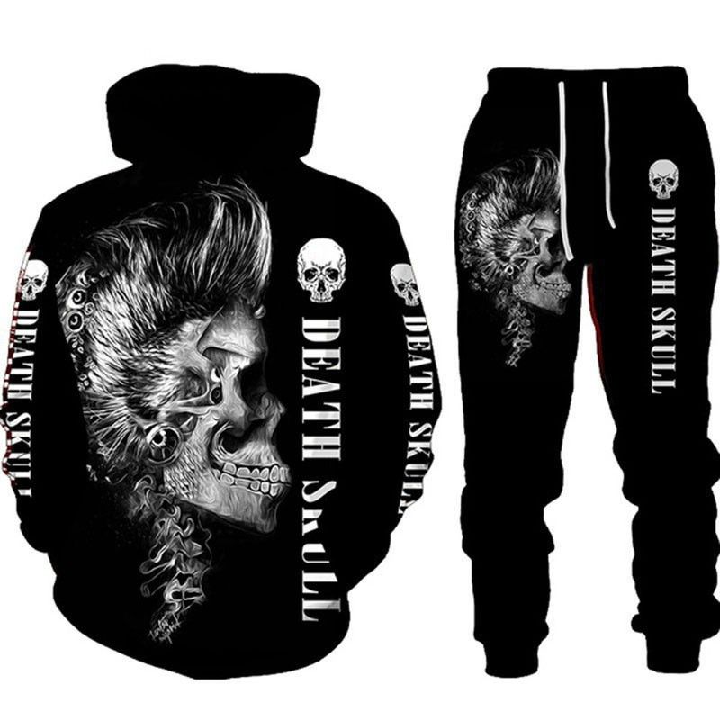 Nuovo set casual da uomo con felpa con cappuccio e pantaloni con stampa 3D digitale del teschio, felpa con cappuccio e pantaloni, set due pezzi per Halloween_voghion.com
