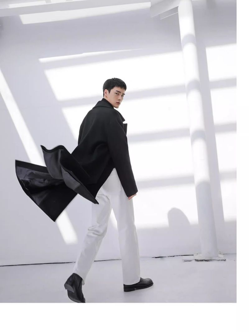 Schwarzer Trenchcoat für Jungen, zweireihig, mittellang, Herren-Wolljacke für Herbst und Winter_voghion.com