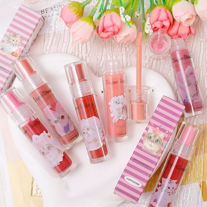 Simpatico gatto specchio acqua lucidalabbra trasparente gelatina labbra ghiacciaio impermeabile durevole rossetto liquido rosa nudo col_voghion.com