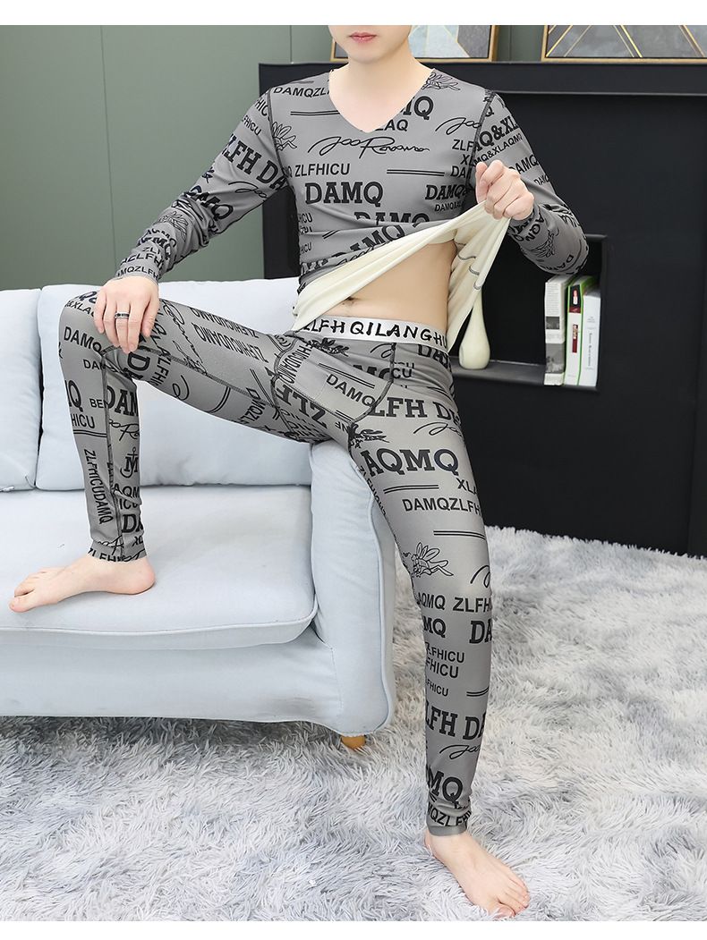 Men's Thermal Underwear Set Winter Warm Seamless V-Neck Base Layer Top & Bottom Stretchy Comfort Fit High Elasticity Grey/Black/Green_voghion.com