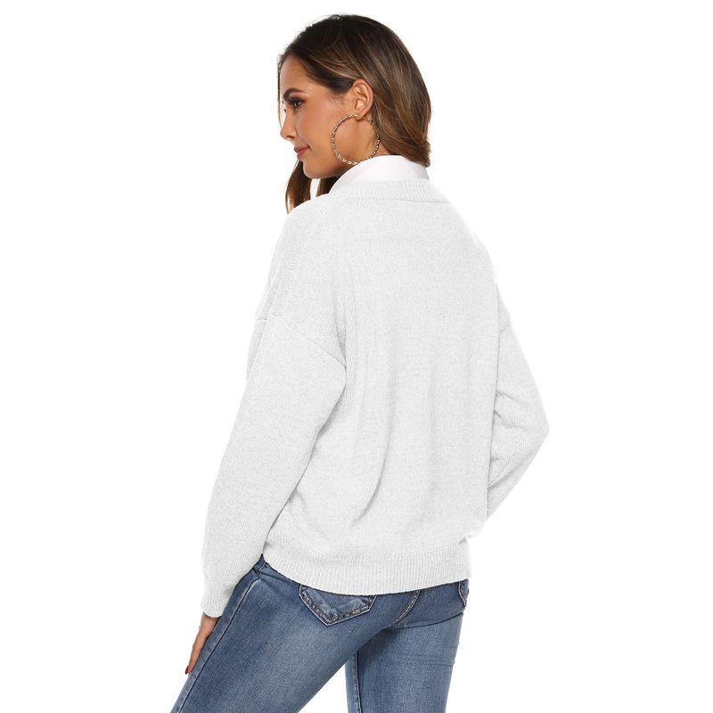 Pull ample à col en v tissé simple pour femme, couleur unie, haut chaud_voghion.com