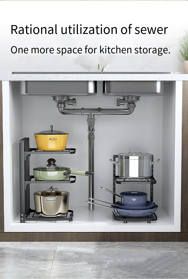 Pot Rack For Storing Cookware, Kitchen Stainless Steel Shelf, Under-Sink Multi-Layer Household Cabinet Divider_voghion.com