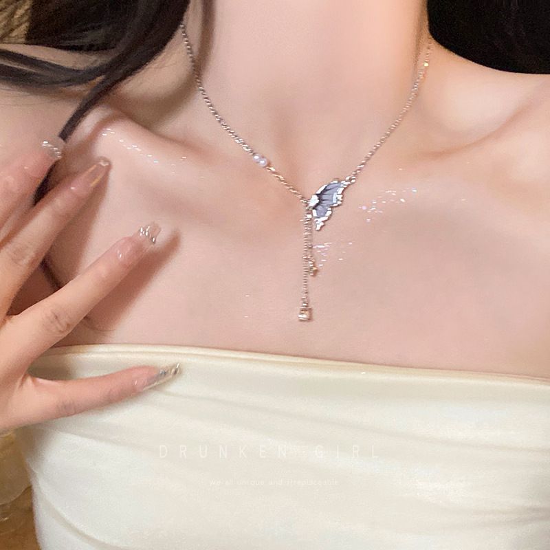 Cool butterfly tassel pearl necklace for women summer new clavicle chain sweet and cool versatile temperament girlfriend accessories_voghion.com