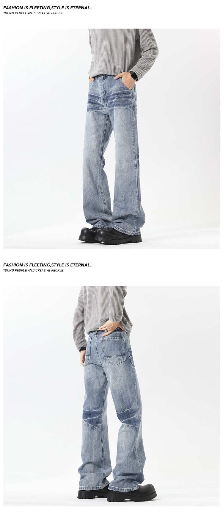 Cleanfit Cat Whisker Jeans For Men – Vintage Washed Stretch Denim With Subtle Flare (M-5XL) – High Street Baggy Trousers For Urban Streetwear_voghion.com