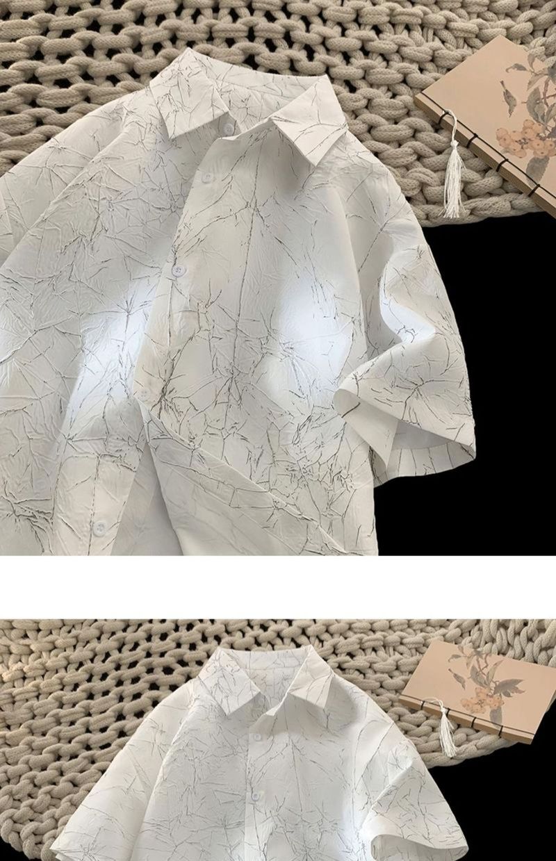 Camicia da uomo a maniche corte in seta ghiacciata plissettata, sottile, fresca, alla moda, dal design accattivante, casual, giacca da abito_voghion.com
