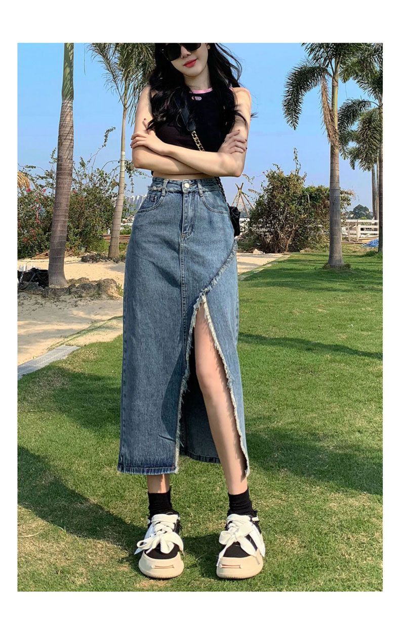 Gonna da cowboy, spacco da donna, linea ad A estiva alla moda a vita alta, lunghezza media irregolare con bordo in pelliccia e glutei_voghion.com