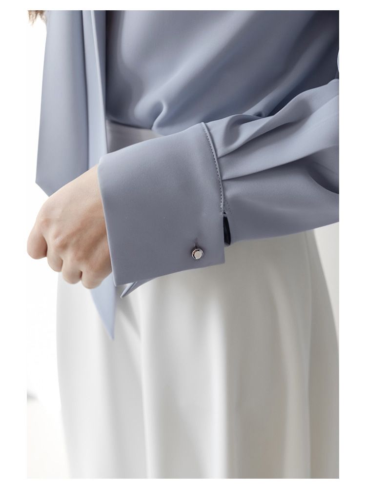 Design ispirato alle maniche lunghe per le donne nella primavera autunno 2024, con nuovo stile di colletto a nastro e sensazione di alta qualità,_voghion.com