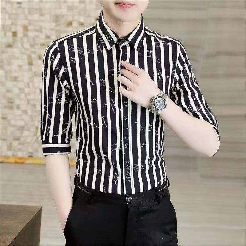 Camicia a fiori a maniche corte 7/4 da uomo in seta di ghiaccio con stampa a righe e picchio estivo alla moda 2024_voghion.com