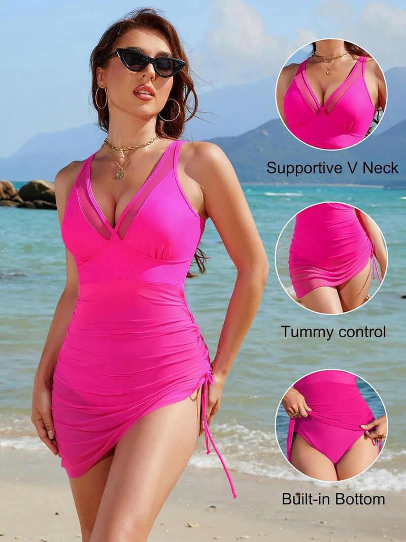 Maillot de bain une pièce sexy à bretelles et décolleté en V profond pour femme, épissure en maille, cordon de serrage latéral, dessous de verre amovible, maille fine_voghion.com