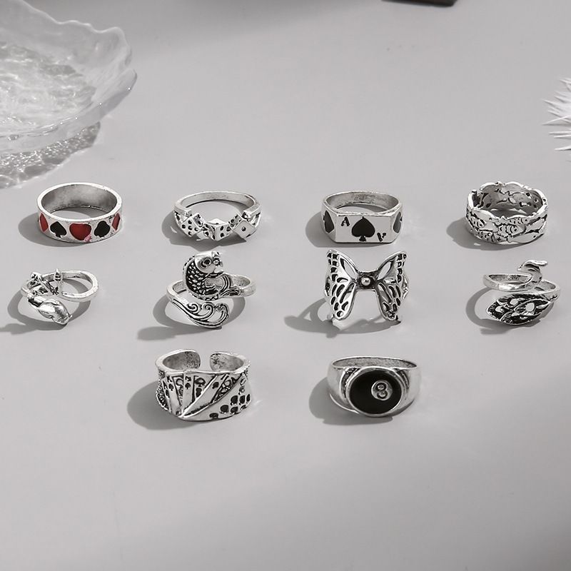 New Combination Playing Card Pattern Butterfly Number 8 Fish Snake 10 Piece Set Ring_voghion.com