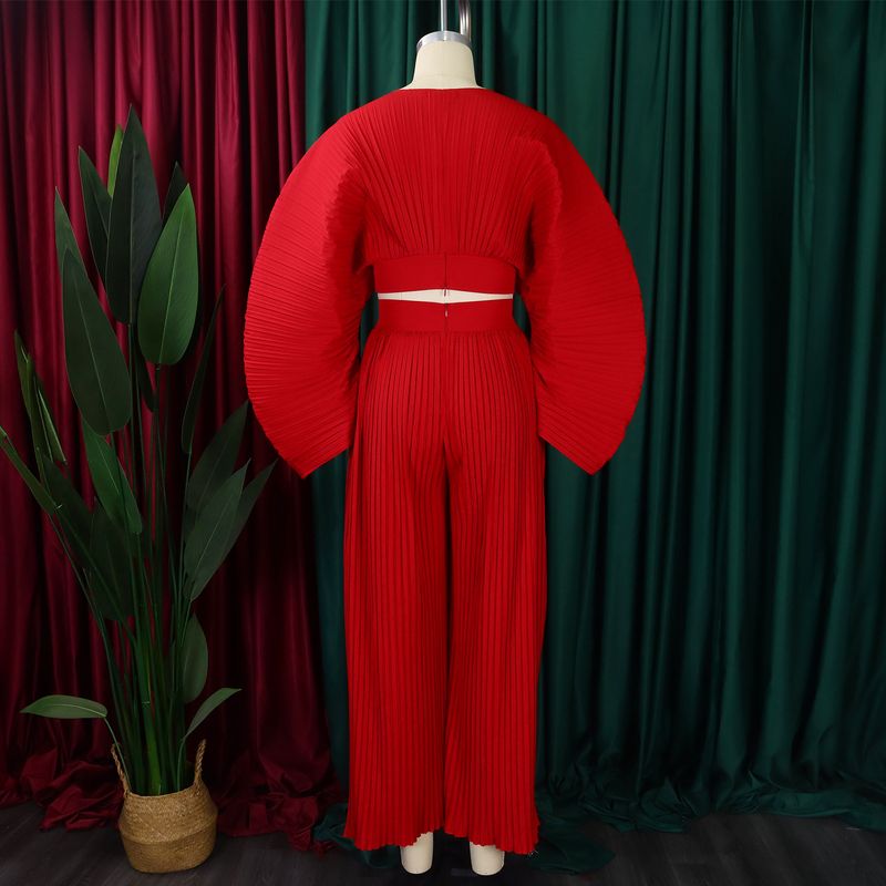 Abbigliamento donna nuova primavera pantaloni larghi a gamba larga con scollo a V pieghettato in due pezzi_voghion.com