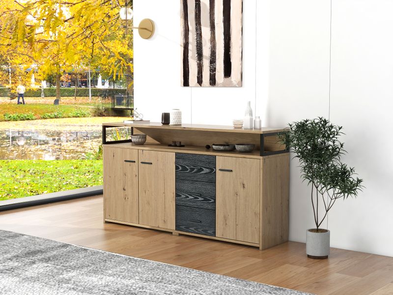 Buffet industriel trois portes et trois tiroirs, meuble de rangement multifonctionnel avec poignées en métal, armoire de cuisine, meuble de rangement pour chambre, salon et bureau, 150 x 35 x 75,9 cm_voghion.com