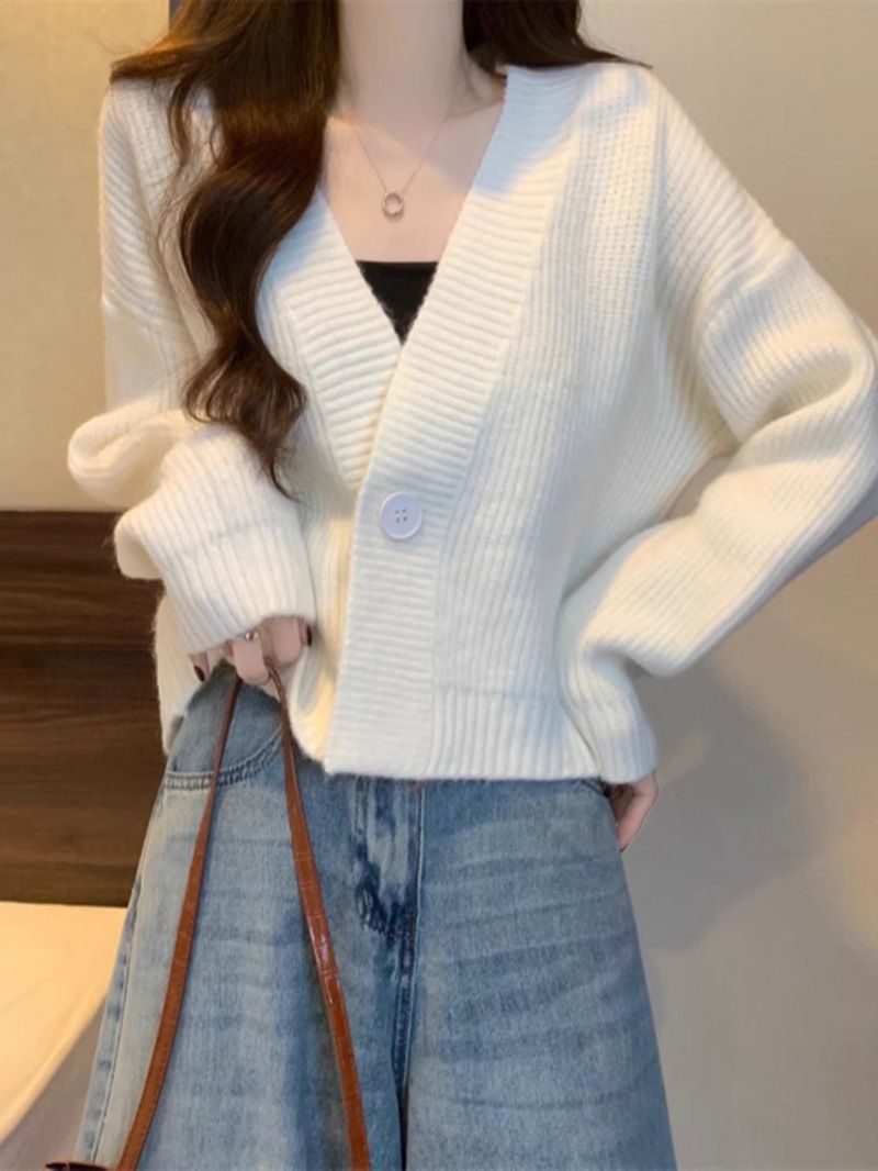 2024 nuova giacca corta in maglia rossa con scollo a V da donna in inverno, abbinata a cardigan lavorati a maglia per pigri outfit autunnali_voghion.com