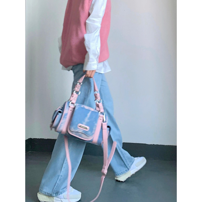 Borsa in denim tinto in cravatta americana Spicy Girl dal design esclusivo della signora Bao con tasche multiple e Boston di grande capacità_voghion.com