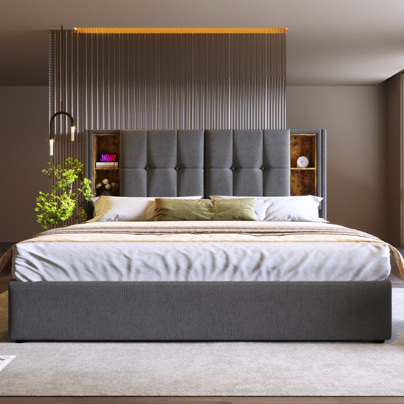 Double avec câble de chargement et USB-C, tissu 140 x 200 cm, support avec support, bois de roseau, gris, tapis inclus_voghion.com