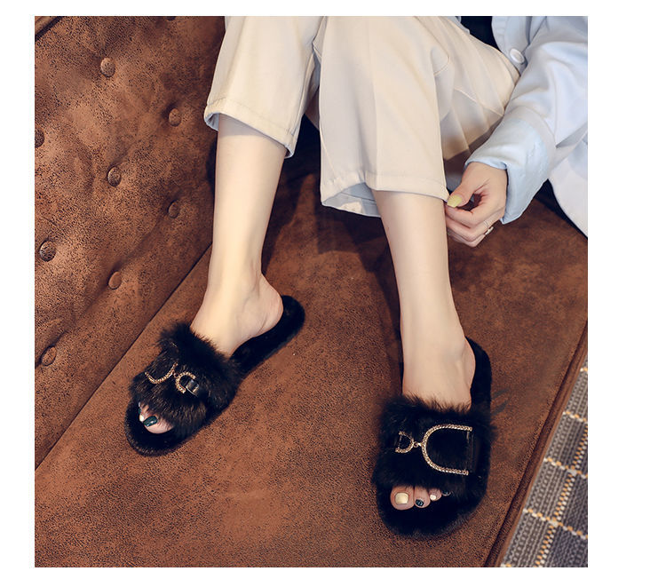 True Rabbit Hair For Female Outwear 2024 Spring And Autumn New Internet Celebrity Fairy Home Flat Bottom Cotton Slippers_voghion.com