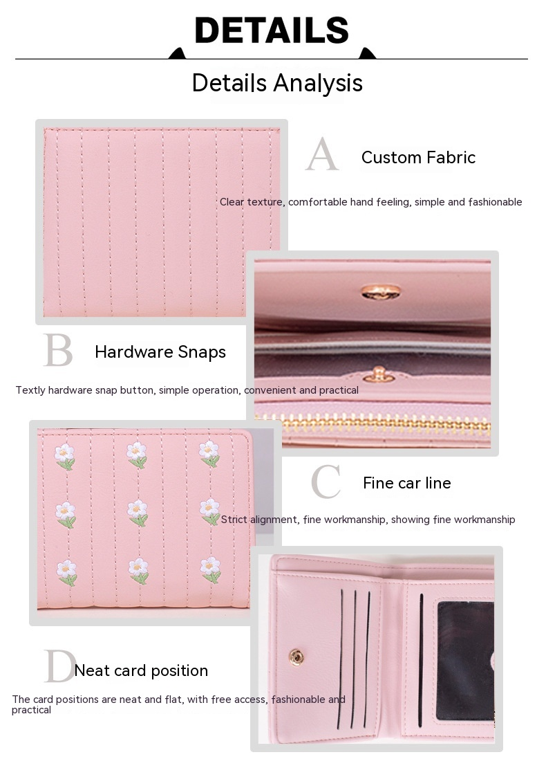 Kreatywna Nowa Moda Codzienna Uniwersalna Ładna Haftowana Damska Portfel Minimalistyczna Krótka Dwuwarstwowa Torba Na Karty Zmieniające_voghion.com