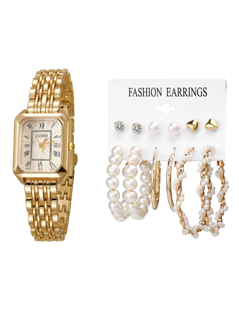 Women's Watches Fashion Strip Nail Mixed Scale Bamboo Joint Steel Belt Women's Quartz Watch + Earring Set 13pcs_voghion.com