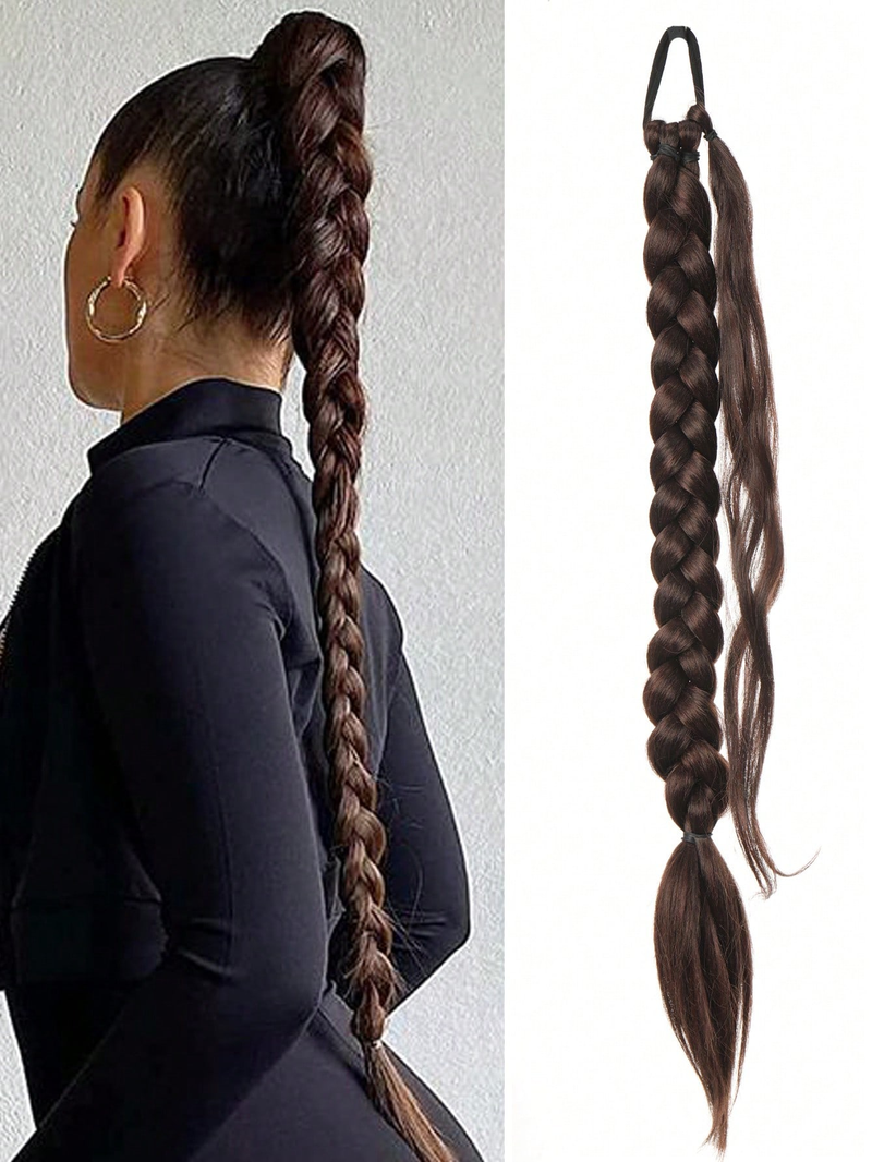 32 tum lång flätad hästsvans med svart rak rem, lämplig för kvinnors dagliga slitage. Syntetisk hög temperatur_voghion.com