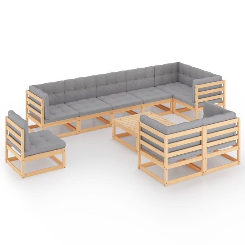 10 Piece Patio Lounge Set with Cushions Solid Pinewood_voghion.com