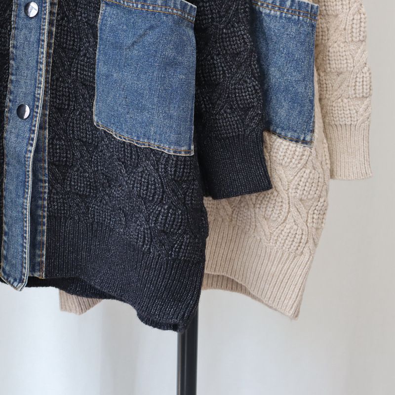 Cardigan lungo in maglia di jeans con cuciture larghe, stile casual, per donna, autunno e inverno, nuovo coreano_voghion.com