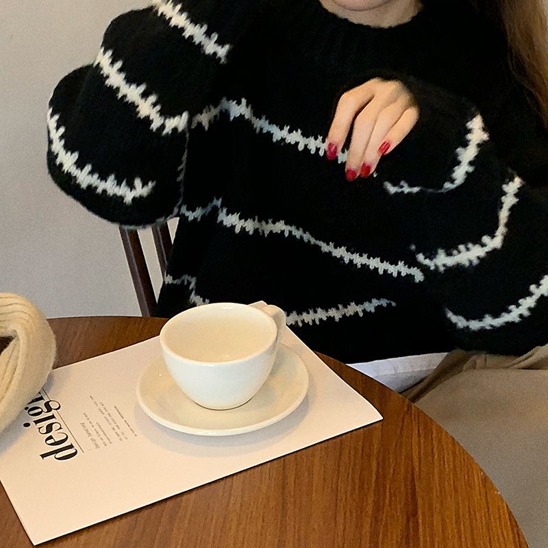 Japanese Retro Striped Knit Sweater Women's Loose Fit Long Sleeve Turtleneck Pullover - Soft Comfortable Chunky Knit Casual Top_voghion.com