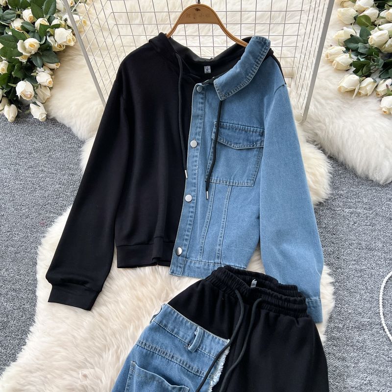Casual Suit For Women Fashionable Design Splicing Hooded Sweatshirt High Waist Denim Splicing Wide Leg Pants Two Piece Set_voghion.com