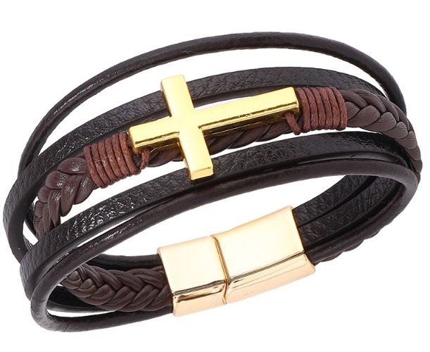 Bracciale in pelle con croce laccata nera, multistrato, per uomo, gioielli di moda_voghion.com