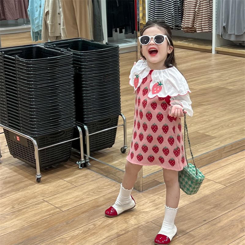 2024 Primavera Nuovo Coreano Bambini Vestiti Carino Ricamato Colletto Camicia Fragola Maglia Canotta Gonna per Ragazze_voghion.com