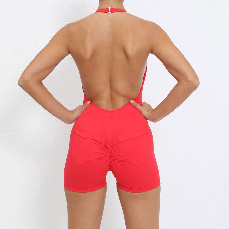 Vêtements pour femmes, couleur unie, poches, col licou, combinaison serrée, sport, fitness, course à pied, combinaison à trois points, short _voghion.com
